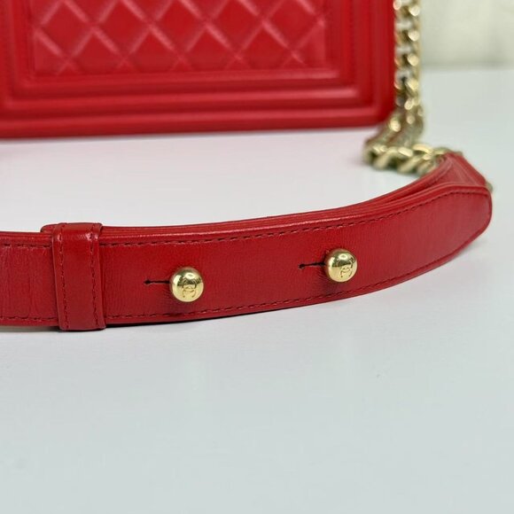 Chanel Red Leather Small Boy Bag Full Set with Gold Chain Strap - Picture 11 of 14